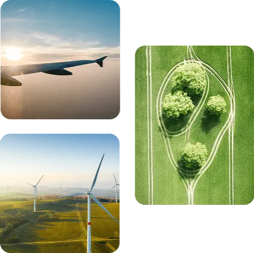 Image of civil airplane, green fields and green energy production