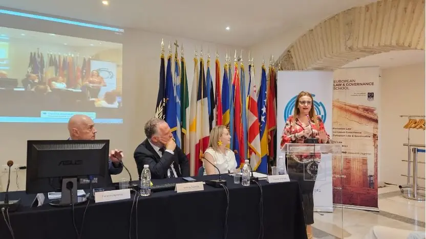 Prof. Rym Ayadi speaking during her Visit at the European Public Law Organisation (EPLO)